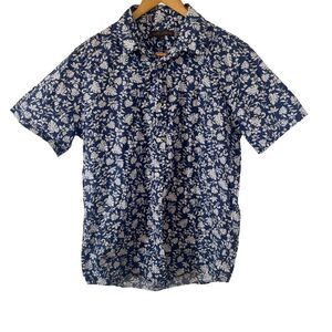 Slate & Stone Blue White Floral Pattern Short Sleeve Cotton Button Down Shirt
